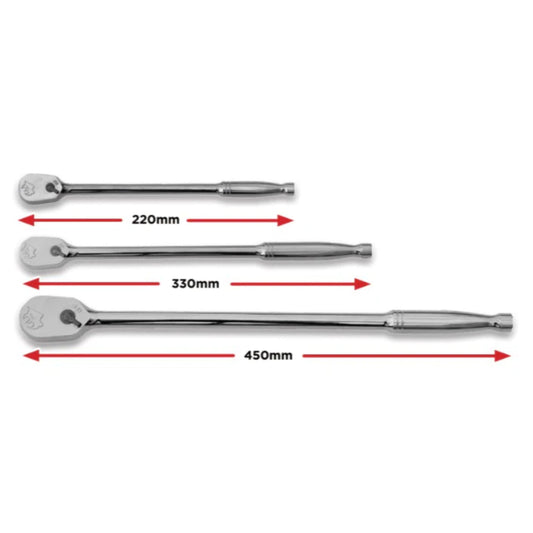 BOXO 3Pc 1/4", 3/8" & 1/2" 90T Long Reach Ratchet Set