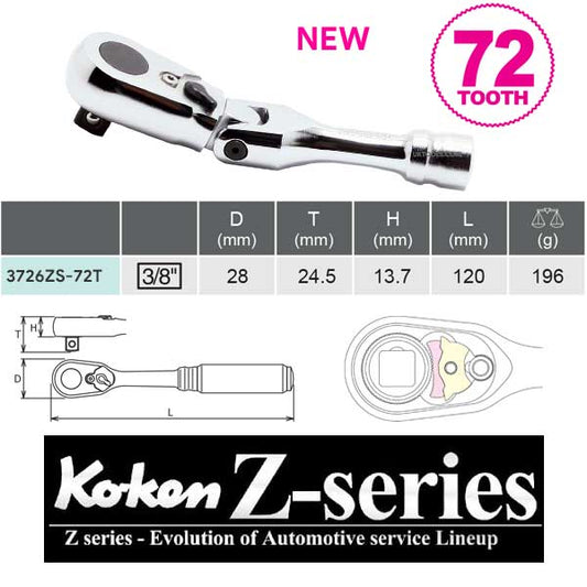 Ko-ken 72 Tooth 3/8" Flexi Short Ratchet 120mm Long