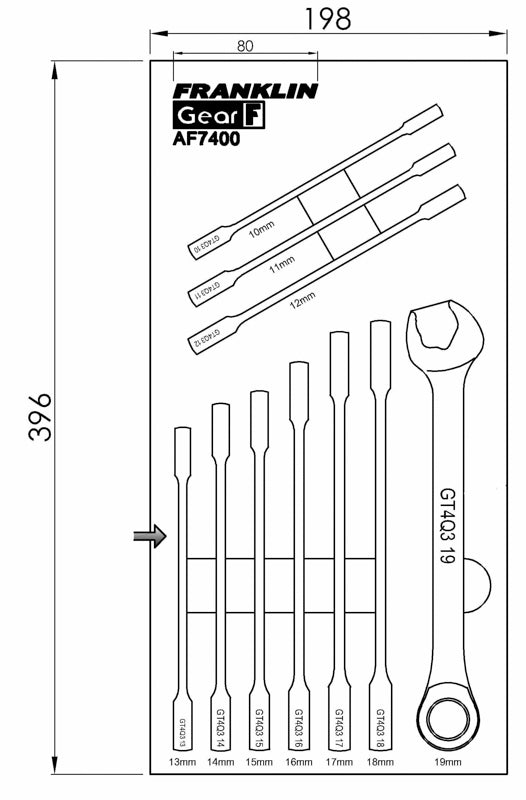FRANKLIN GearF 10Pc 12pt Ratchet Open End Combination Spanner Set