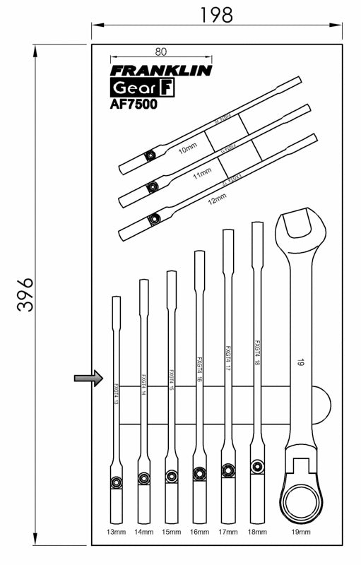 FRANKLIN GearF 10Pc 12pt Flexi Ratchet Combination Spanner Set