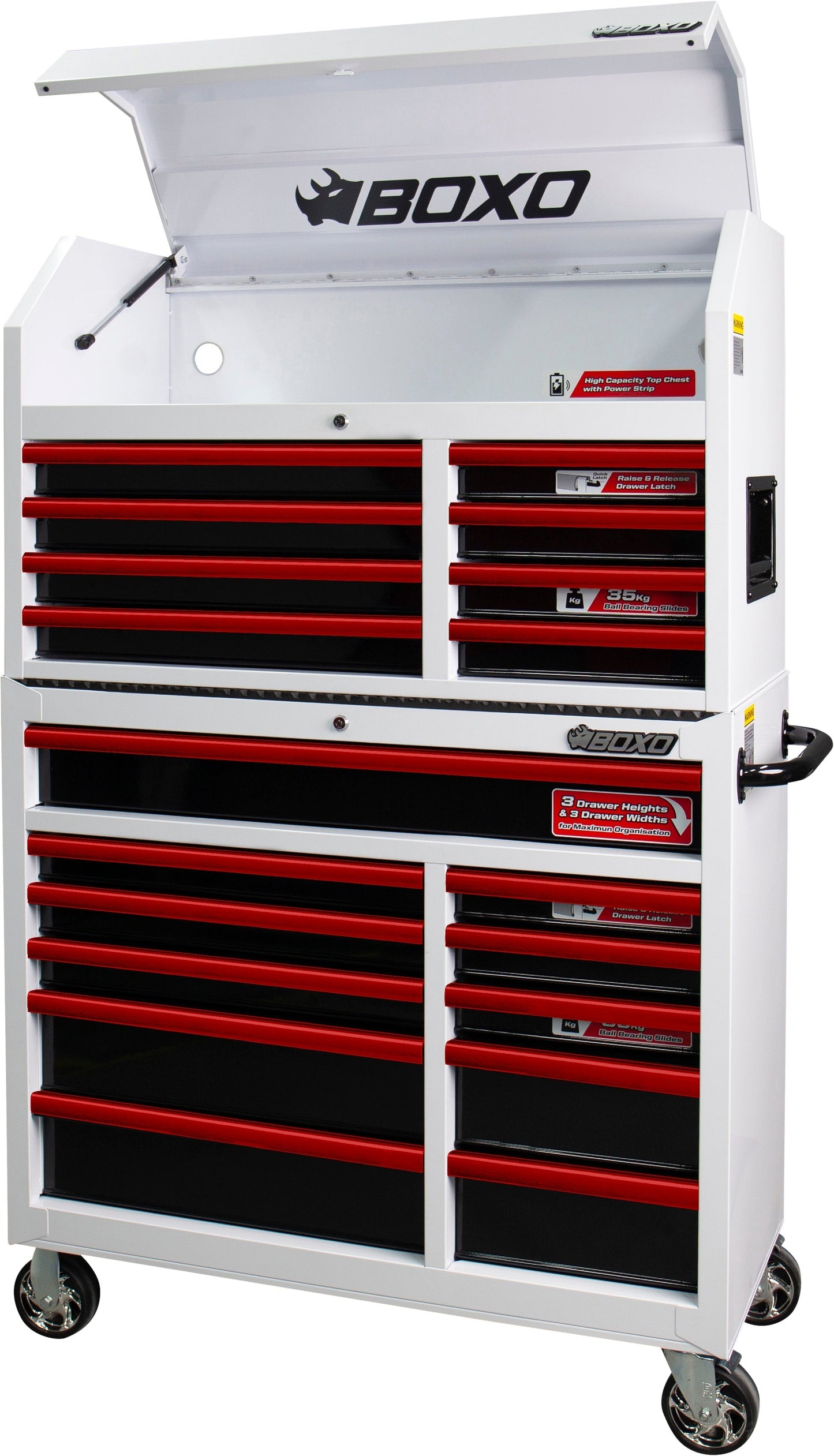 BOXO 41" 19 Drawer Toolbox Stack with Drawer Trim Pack - White Body with Coloured Trim Pack