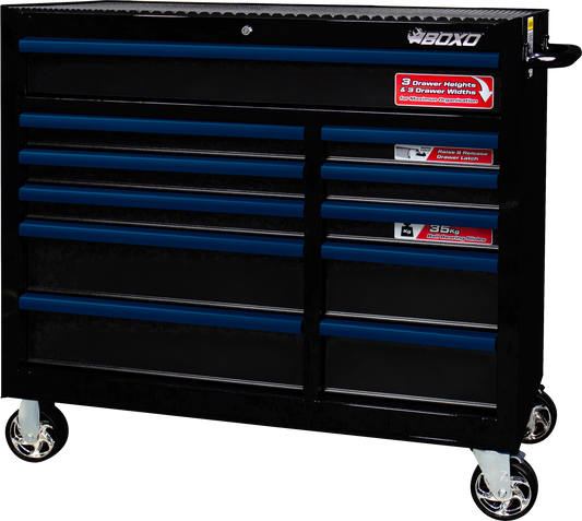 BOXO 41" 11 Drawer Roll Cabinet with Drawer Trim Pack - Black Body with Coloured Trim Pack