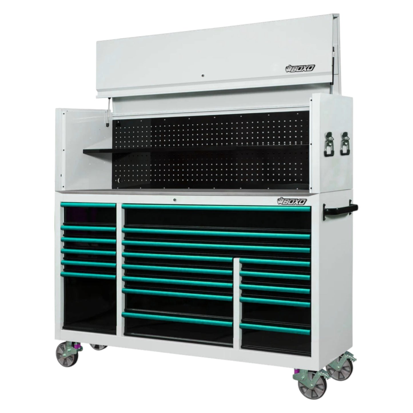 BOXO 72" White 19-Drawer Roll Cabinet & Hutch (Trim colour options)