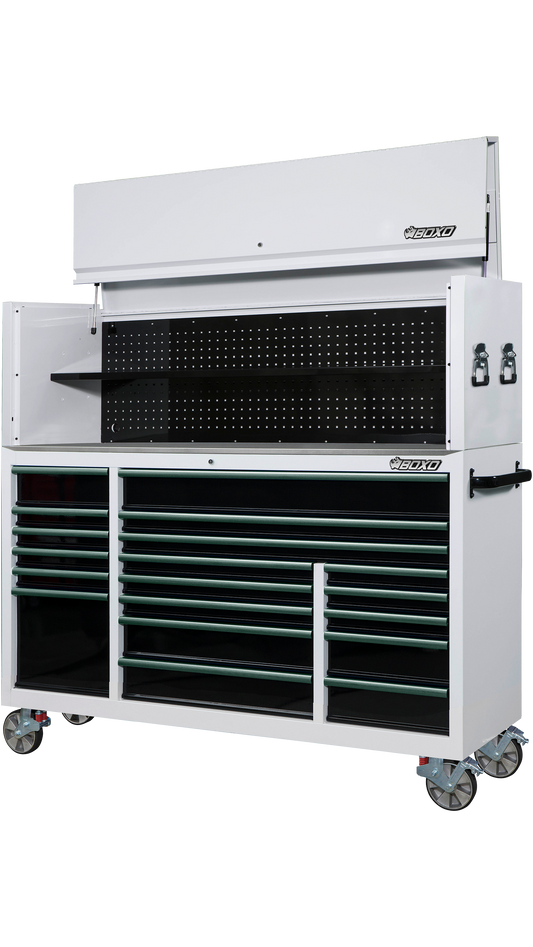 BOXO 72" 19 Drawer Roll Cabinet & Hutch with Drawer Trim Pack - White Body & Trim Colour Options