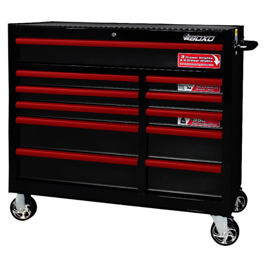BOXO 41" 11 Drawer Roll Cabinet with Drawer Trim Pack - Black Body with Coloured Trim Pack