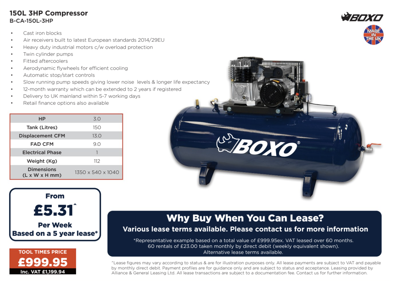 BOXO V150L 3HP Belt Driven Piston Compressor