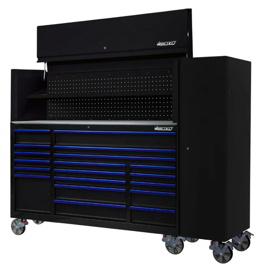 BOXO 72" Black 19-Drawer Roll Cabinet & Hutch with Side Locker (Trim colour options)