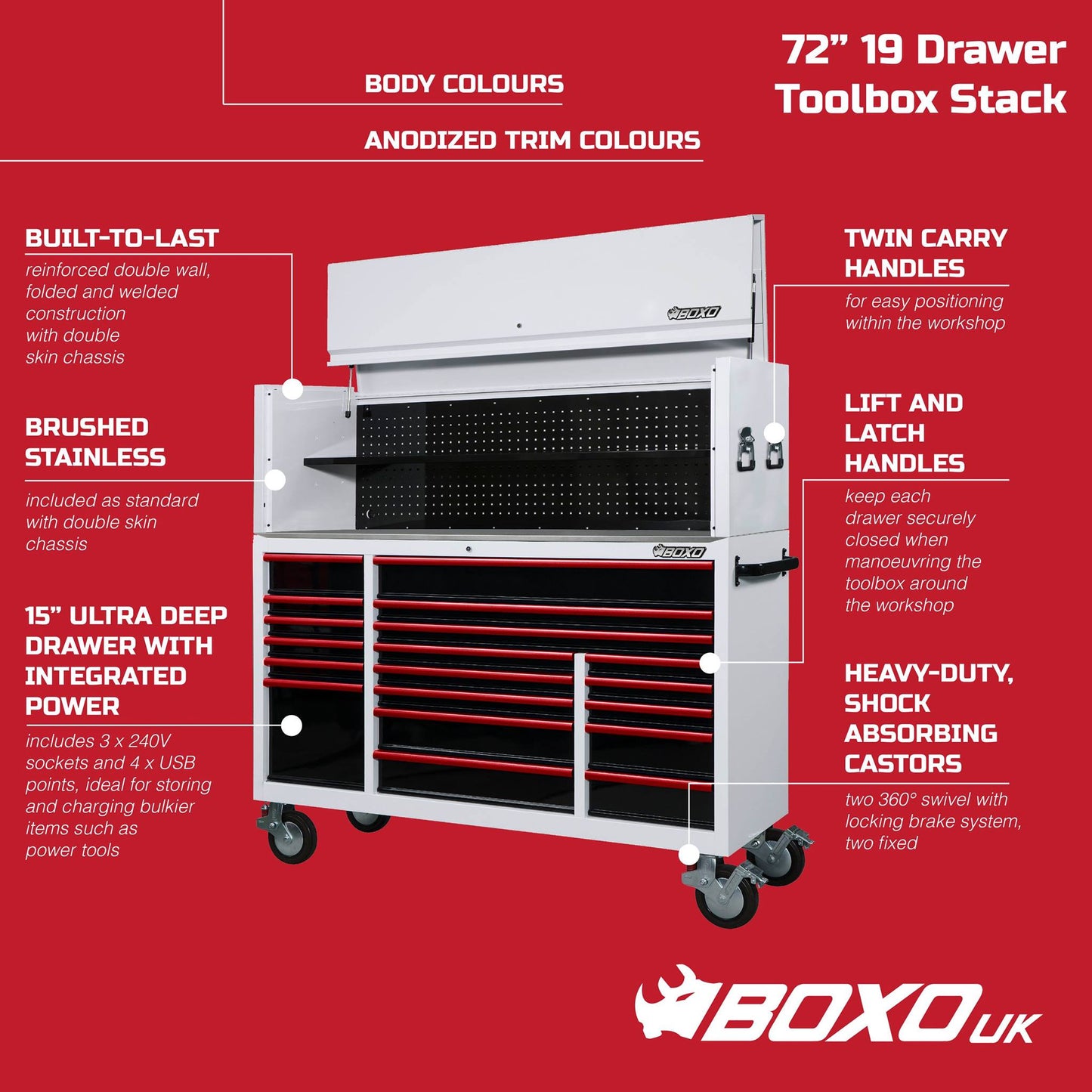 BOXO 72" White 19 Drawer Roll Cabinet & Hutch with Drawer Trim Pack (Trim colour options)