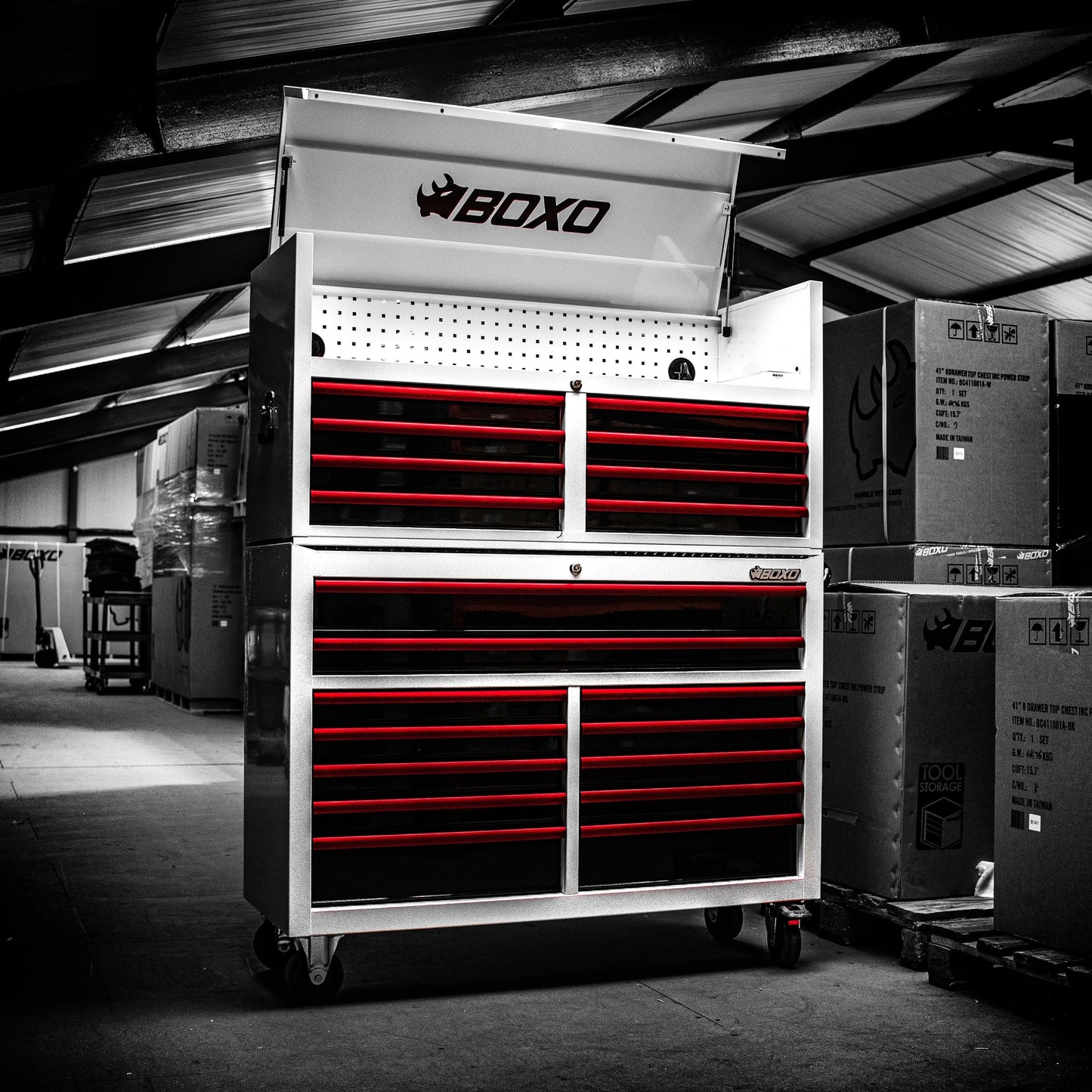 BOXO 53" White 20 Drawer Toolbox Stack with Drawer Trim Pack (Trim colour options)