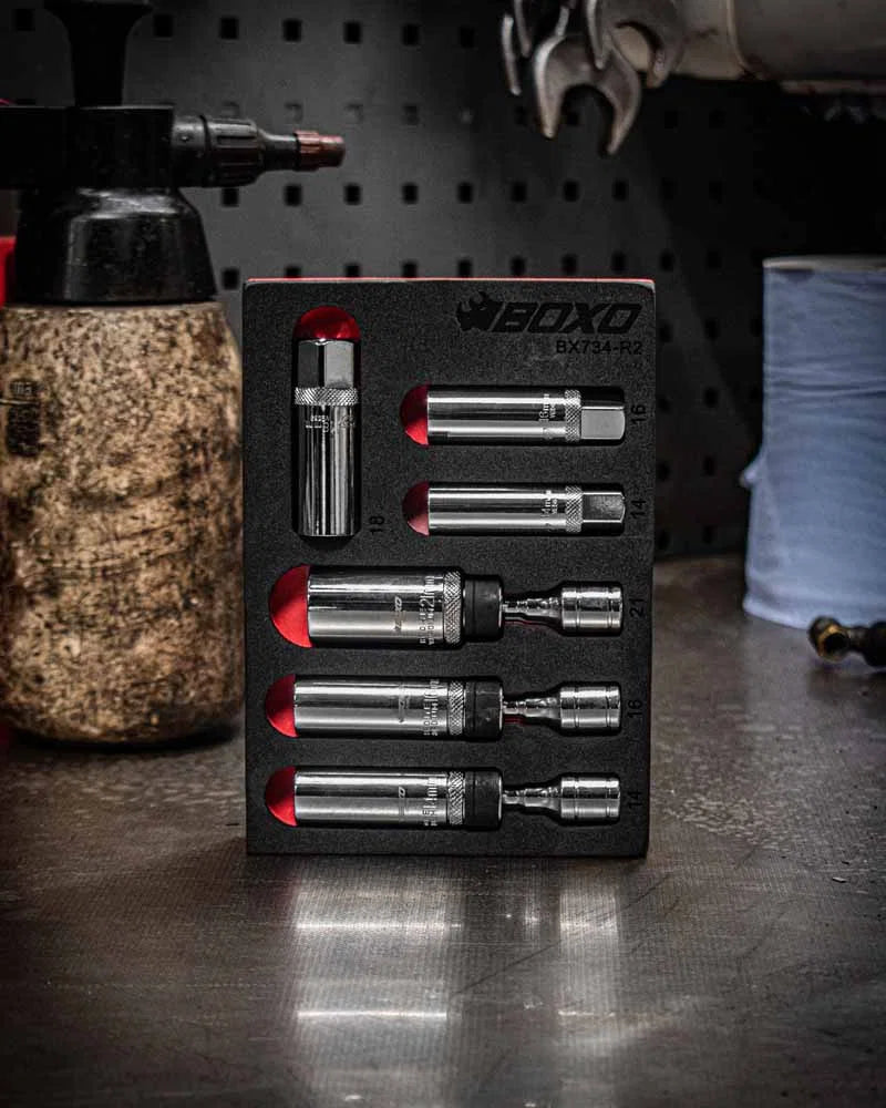 BOXO 6Pc 3/8" 12Pt Thin Wall & Magnetic Swivel Spark Plug Set