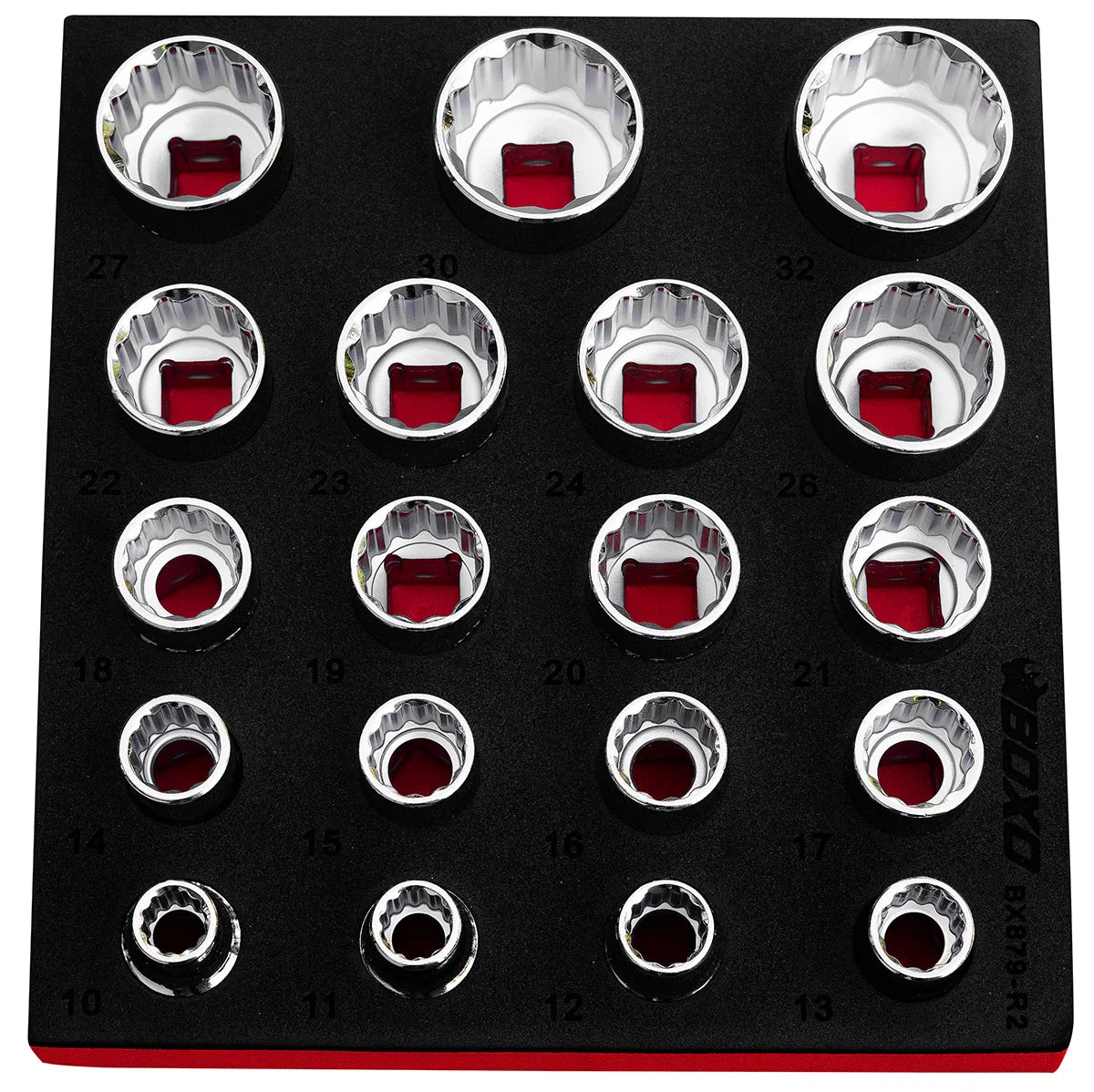 BOXO 19Pc 1/2" 12Pt Shallow Socket Set in EVA Foam (10mm - 32mm)