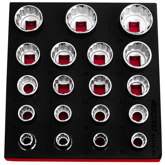 BOXO 19Pc 1/2" 12Pt Shallow Socket Set in EVA Foam (10mm - 32mm)