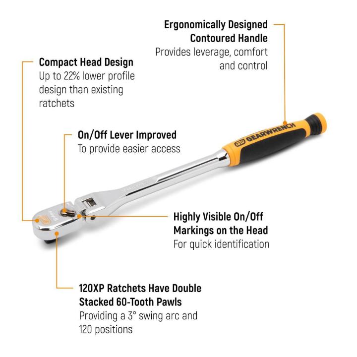 GearWrench 3/8" 120XP™ Dual Material Handle Flex Head Teardrop Ratchet 15-1/2"