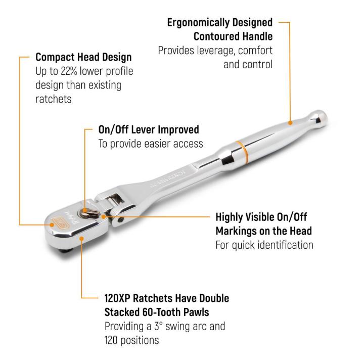 GearWrench 3/8" 120XP™ Full Polish Chrome Flex Head Teardrop Ratchet 13-1/2"