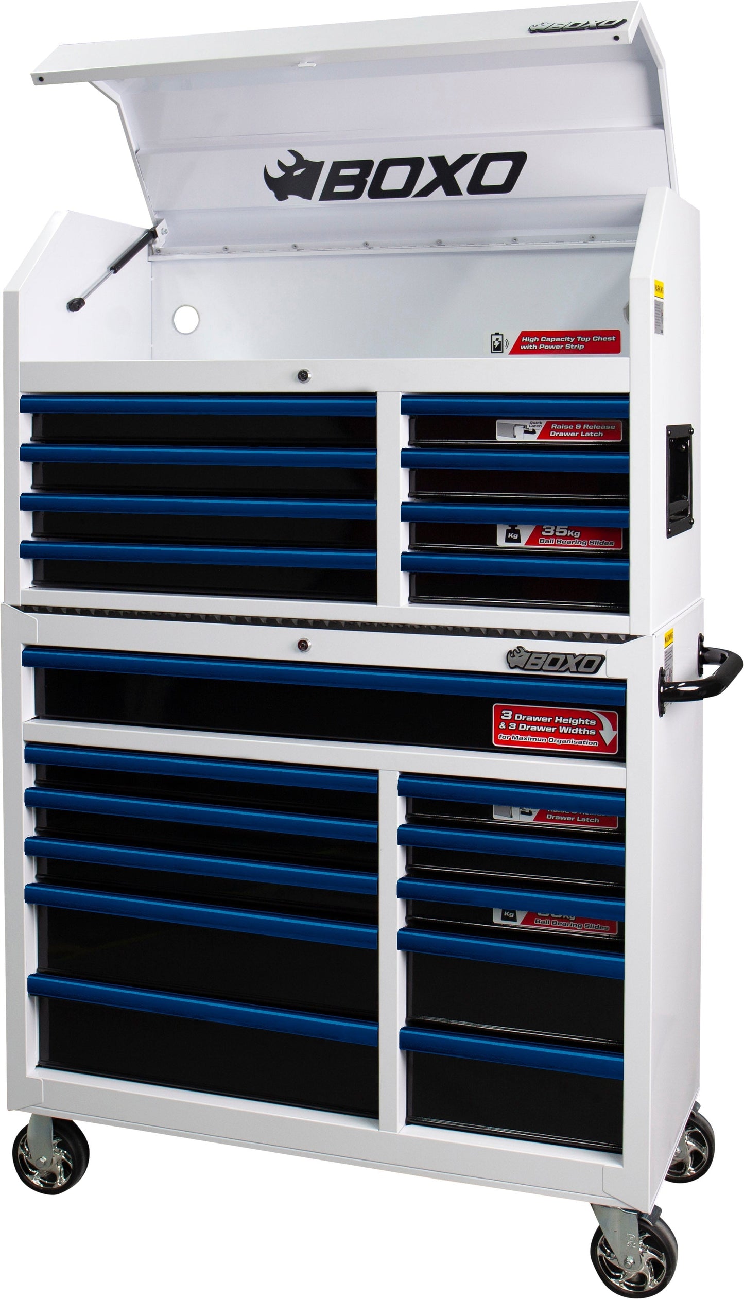 BOXO 41" 19 Drawer Toolbox Stack with Drawer Trim Pack - White Body with Coloured Trim Pack