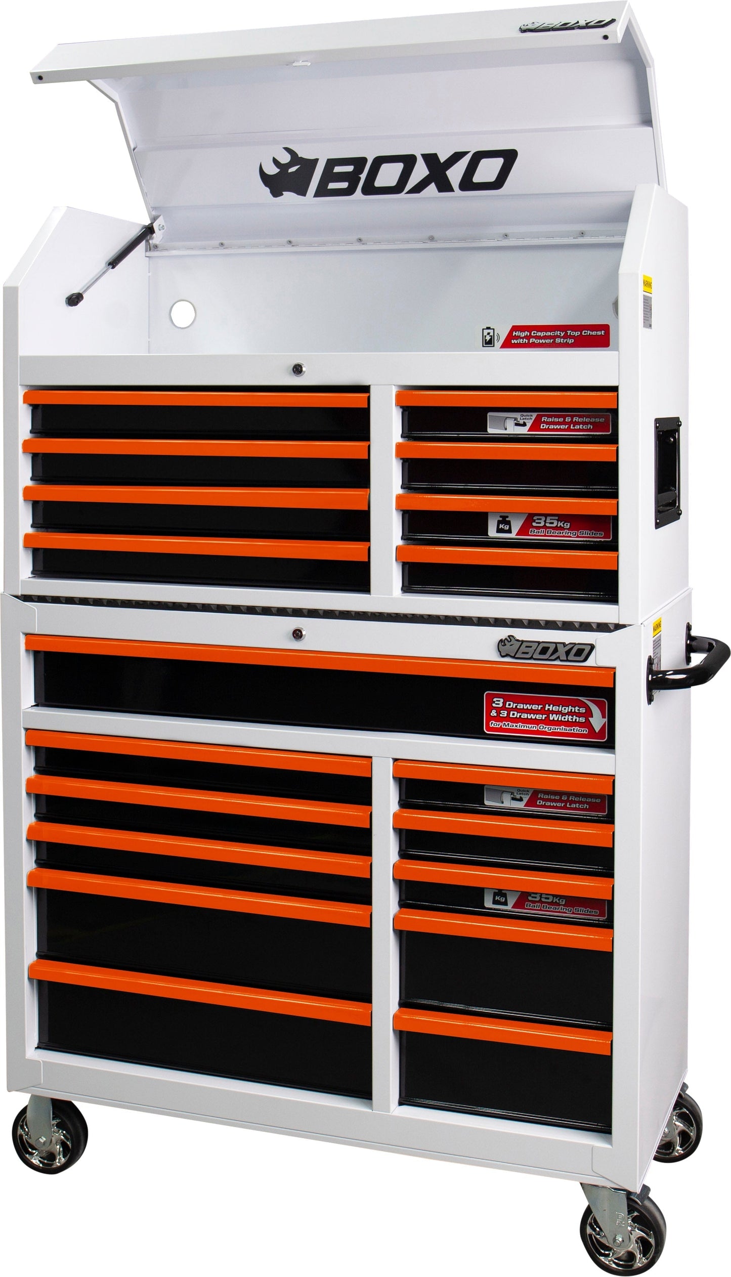BOXO 41" 19 Drawer Toolbox Stack with Drawer Trim Pack - White Body with Coloured Trim Pack