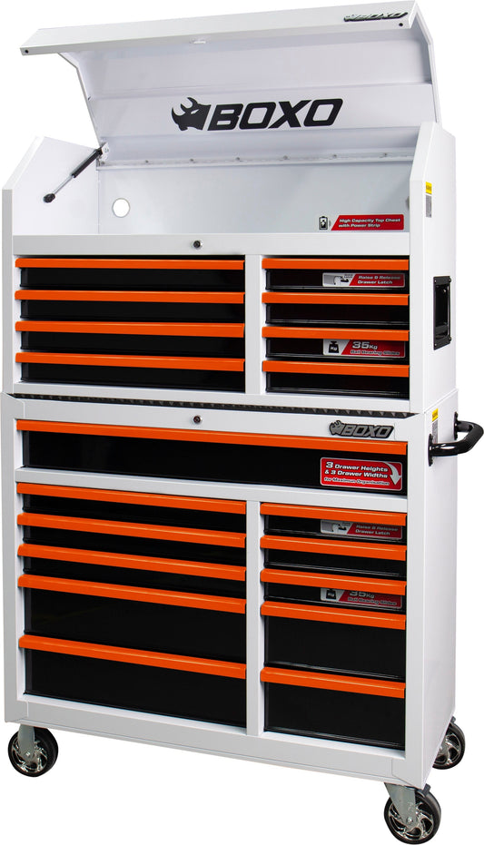 BOXO 41" 19 Drawer Toolbox Stack with Drawer Trim Pack - White Body with Coloured Trim Pack