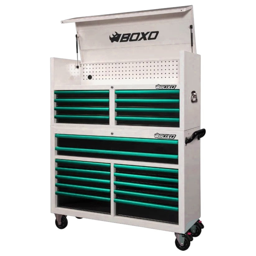 BOXO 53" White 20-Drawer Toolbox Stack (Trim colour options)