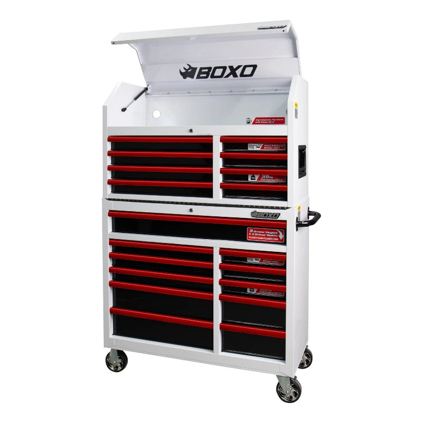 BOXO 41" White 19 Drawer Toolbox Stack with Drawer Trim Pack (Trim colour options)