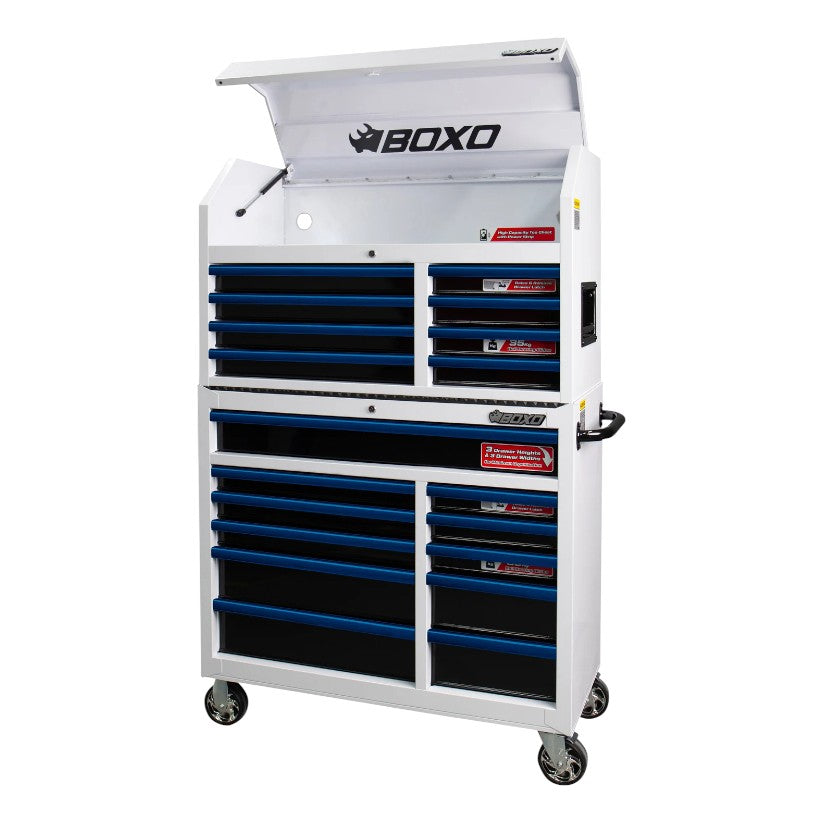 BOXO 41" White 19 Drawer Toolbox Stack with Drawer Trim Pack (Trim colour options)