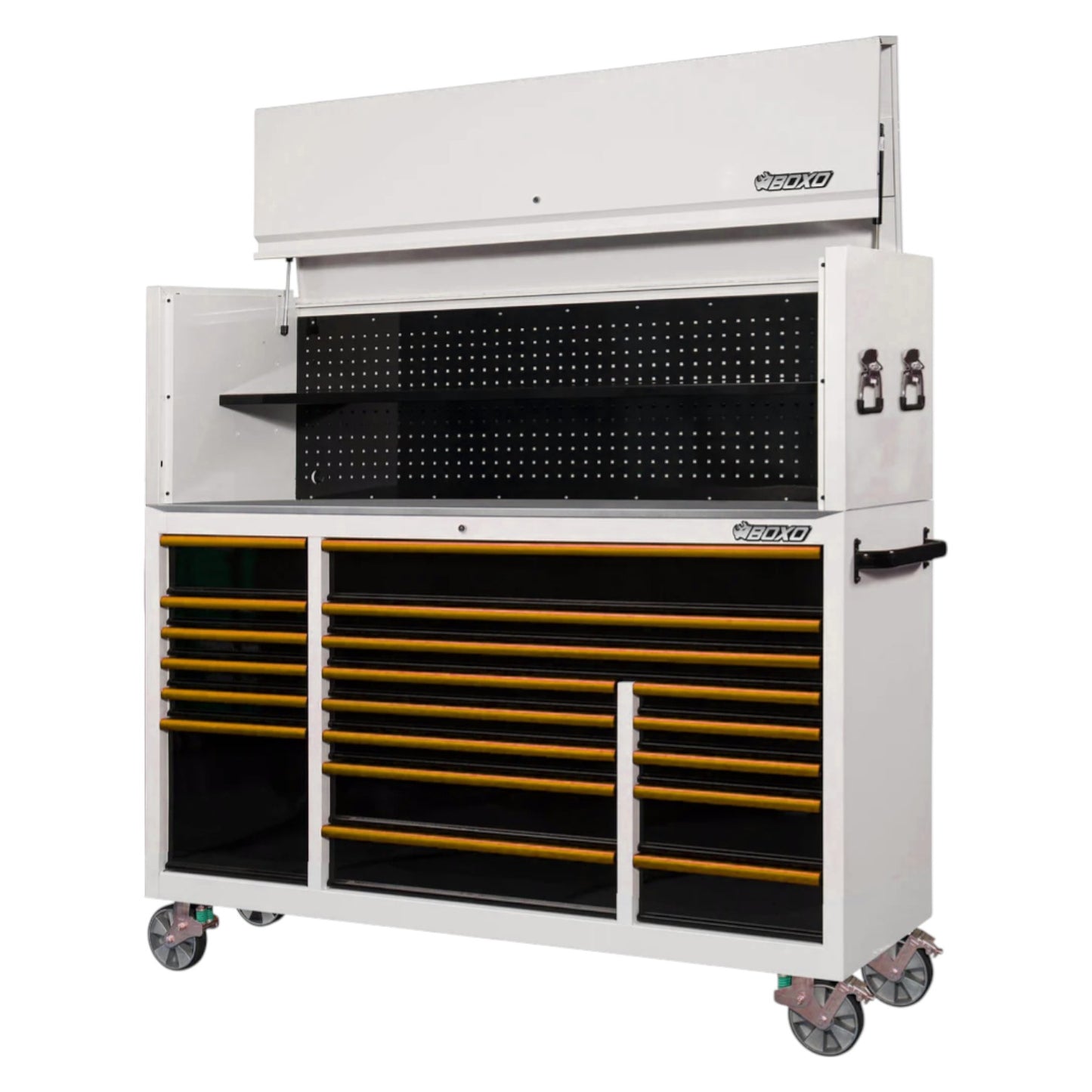 BOXO 72" White 19 Drawer Roll Cabinet & Hutch with Drawer Trim Pack (Trim colour options)