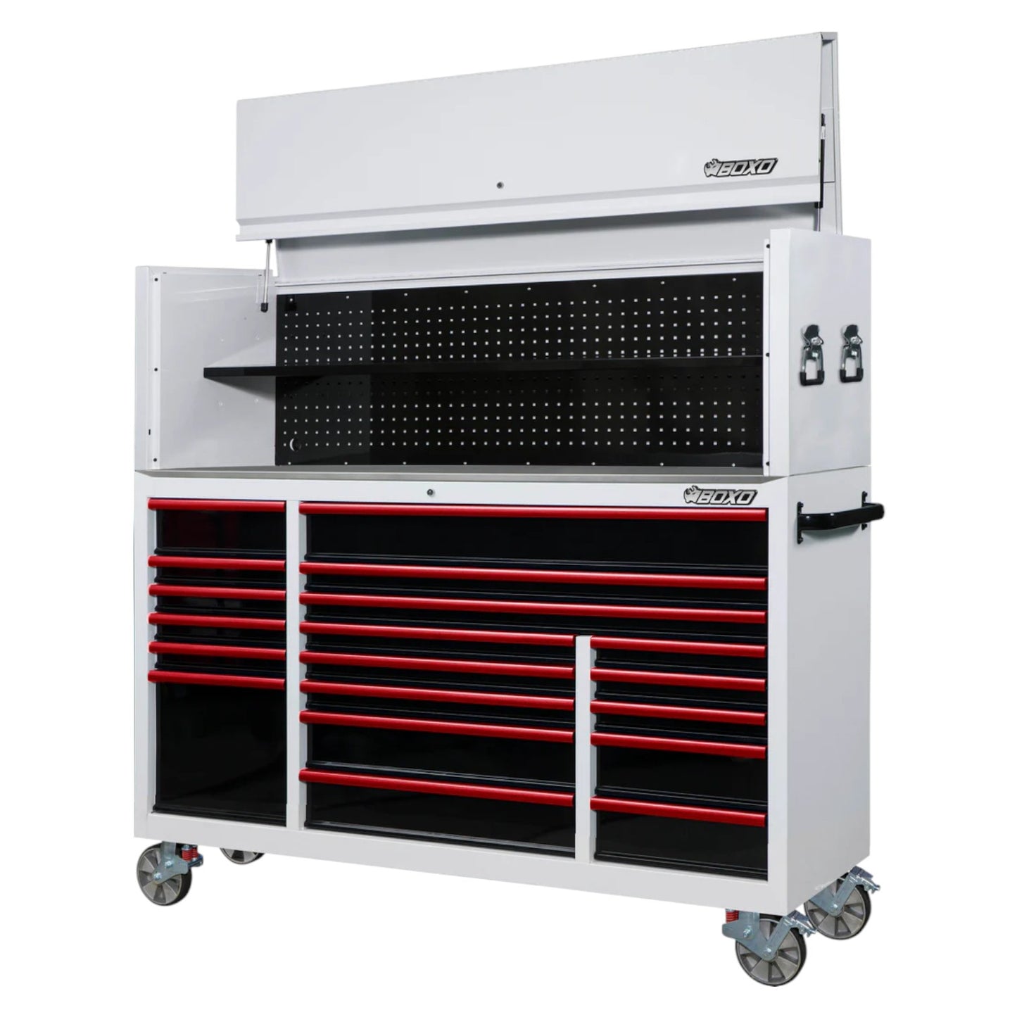 BOXO 72" White 19 Drawer Roll Cabinet & Hutch with Drawer Trim Pack (Trim colour options)