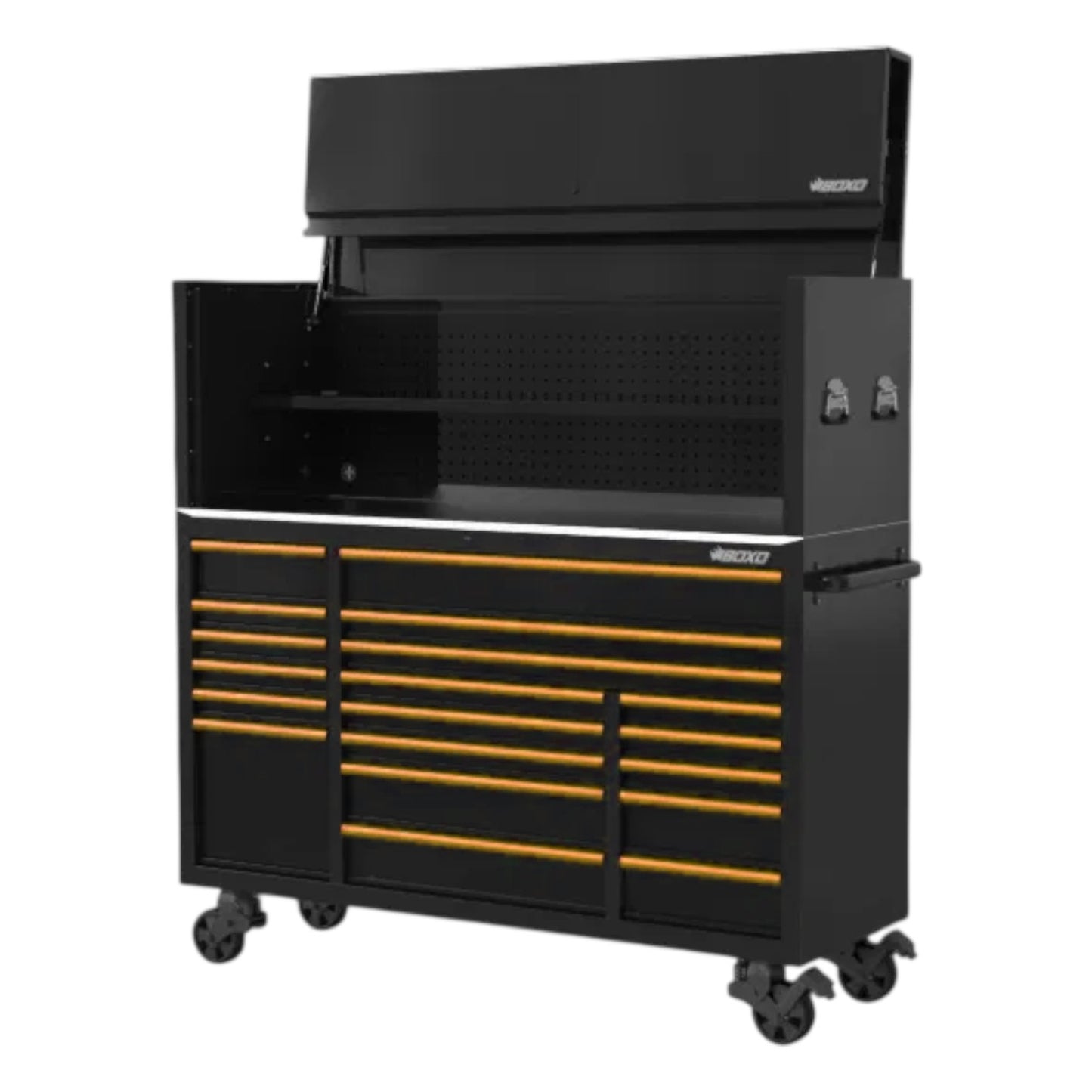 BOXO 72" Black 19 Drawer Roll Cabinet & Hutch with Drawer Trim Pack (Trim colour options)