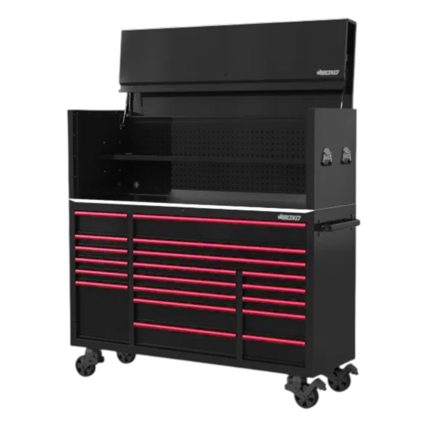 BOXO 72" Black 19 Drawer Roll Cabinet & Hutch with Drawer Trim Pack (Trim colour options)