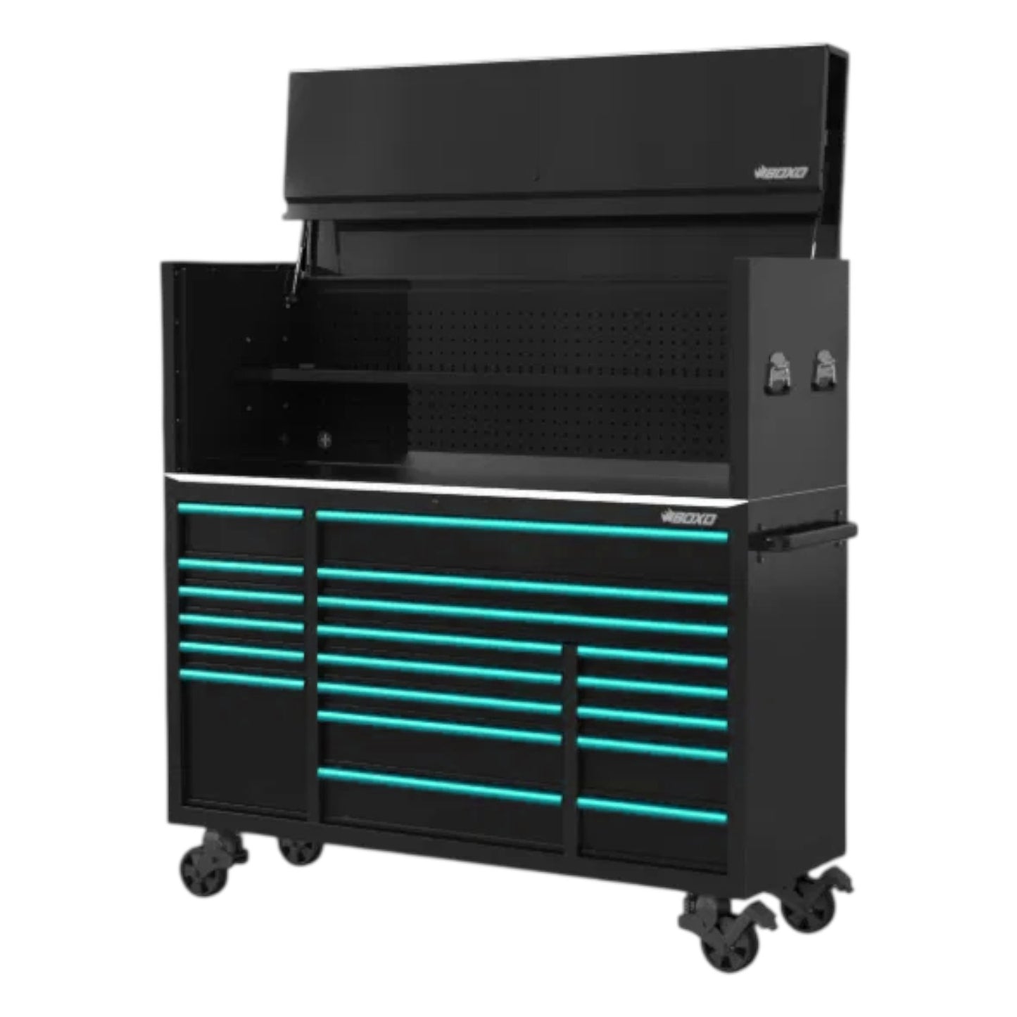 BOXO 72" Black 19 Drawer Roll Cabinet & Hutch with Drawer Trim Pack (Trim colour options)