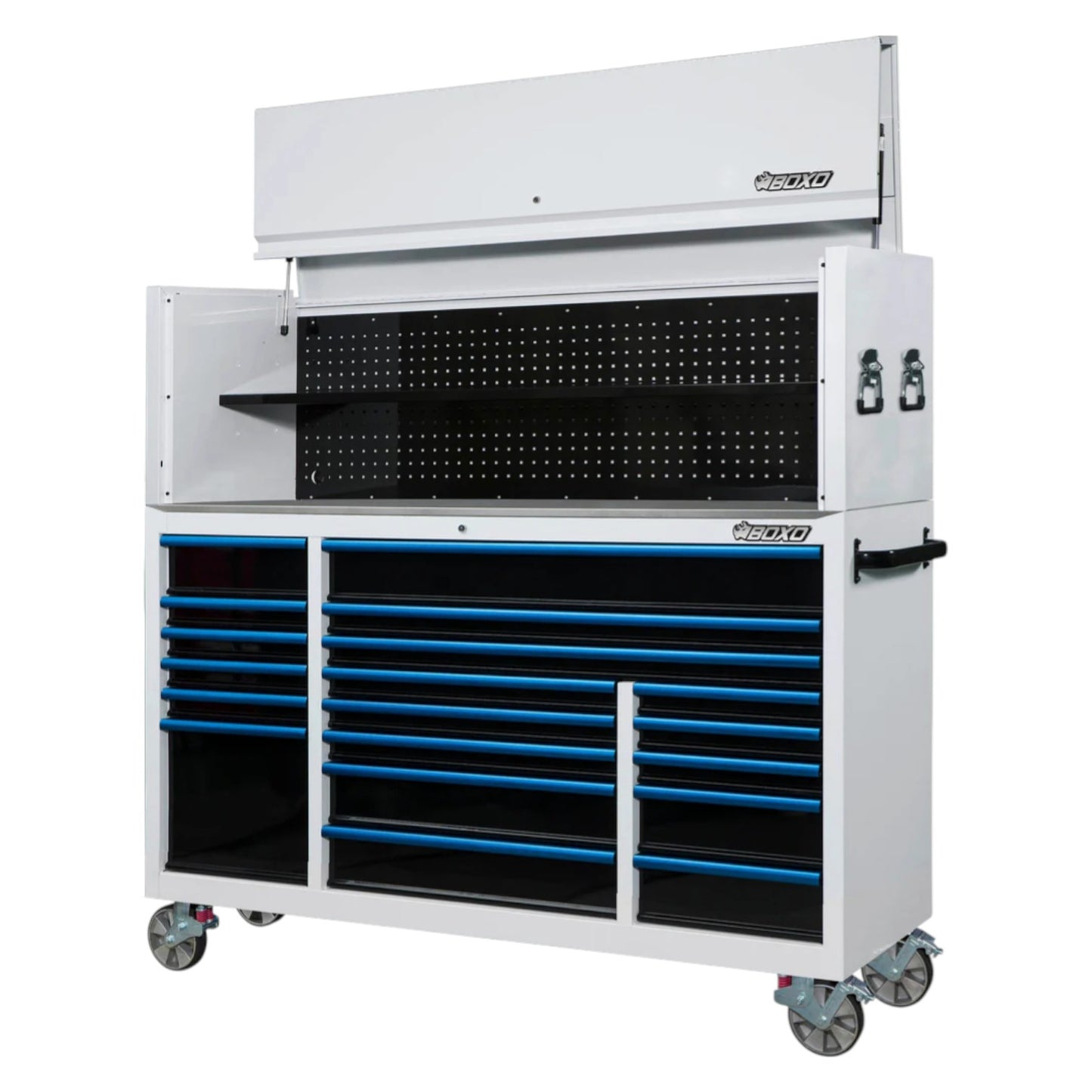 BOXO 72" White 19 Drawer Roll Cabinet & Hutch with Drawer Trim Pack (Trim colour options)