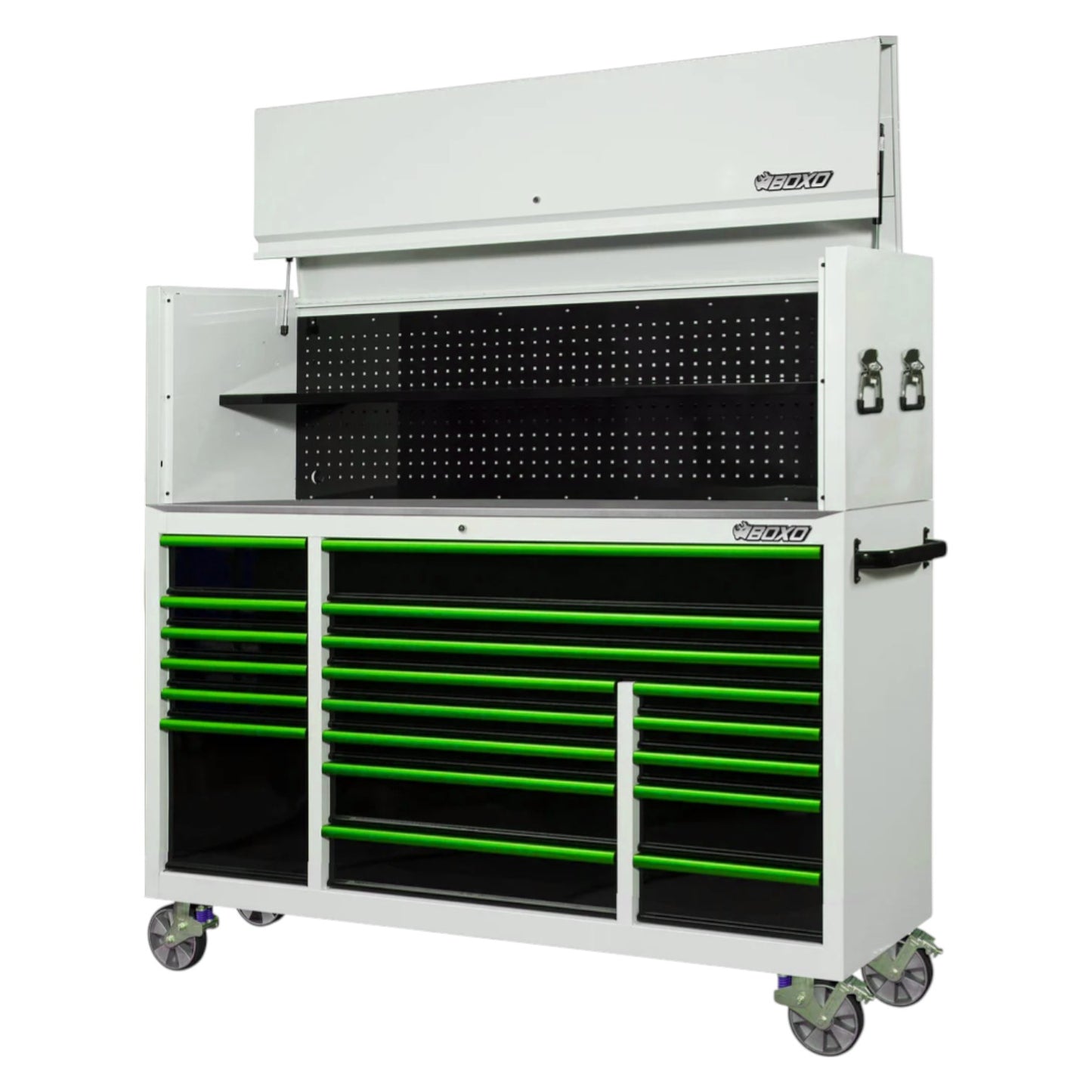 BOXO 72" White 19 Drawer Roll Cabinet & Hutch with Drawer Trim Pack (Trim colour options)