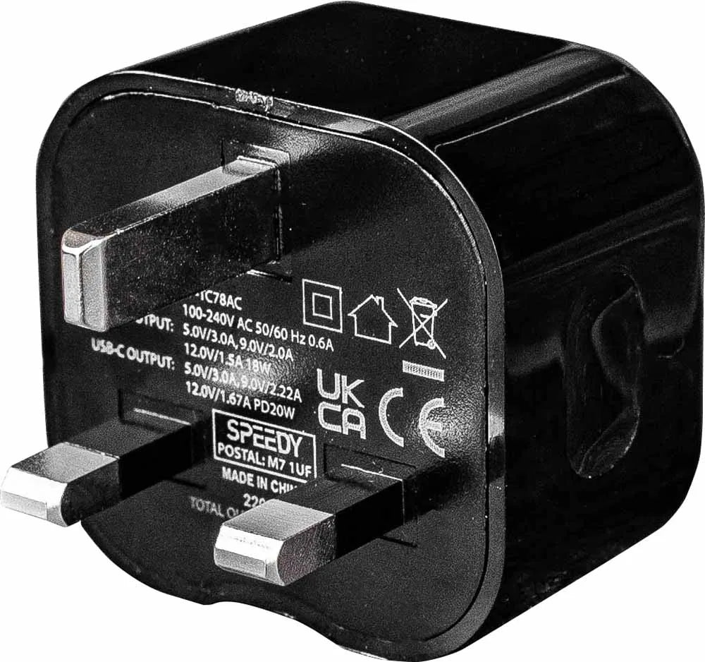 SPEEDY 20W Fast Charger Plug, 2 Ports, Type C, USB A, QC 3.0 Black