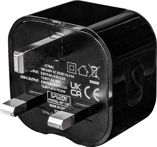 SPEEDY 20W Fast Charger Plug, 2 Ports, Type C, USB A, QC 3.0 Black