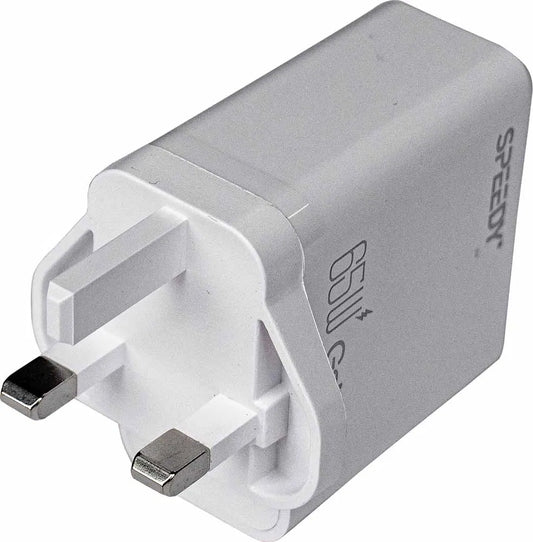 SPEEDY 65W Fast Charger Plug, PD USB-C & USB QC, Dual Port White