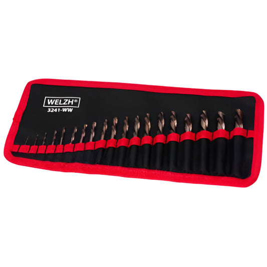 Drill Bit Set, Fully Ground Cobalt Extra Stubby; Left Handed 19-Piece Set