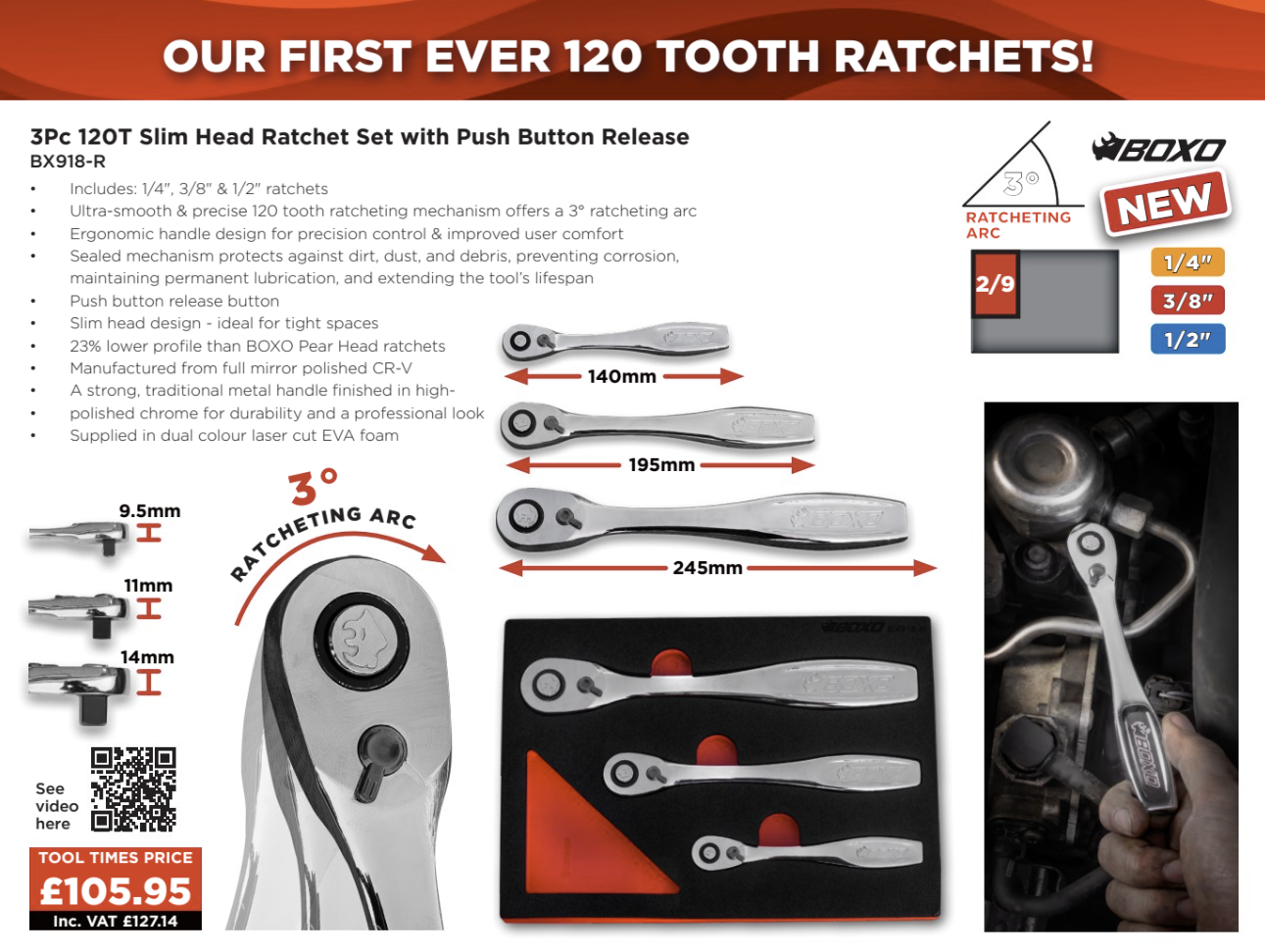 BOXO 3Pc 120T Slim Head Ratchet Set with Push Button Release