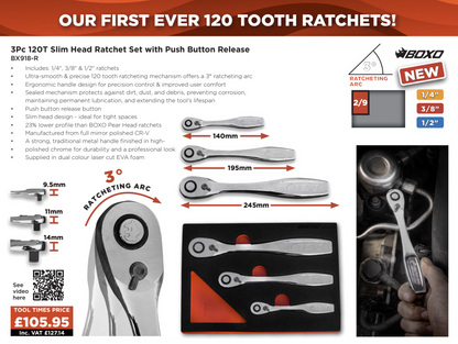 BOXO 3Pc 120T Slim Head Ratchet Set with Push Button Release