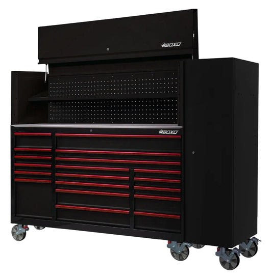 BOXO 72" Black 19-Drawer Roll Cabinet & Hutch with Side Locker (Trim colour options)