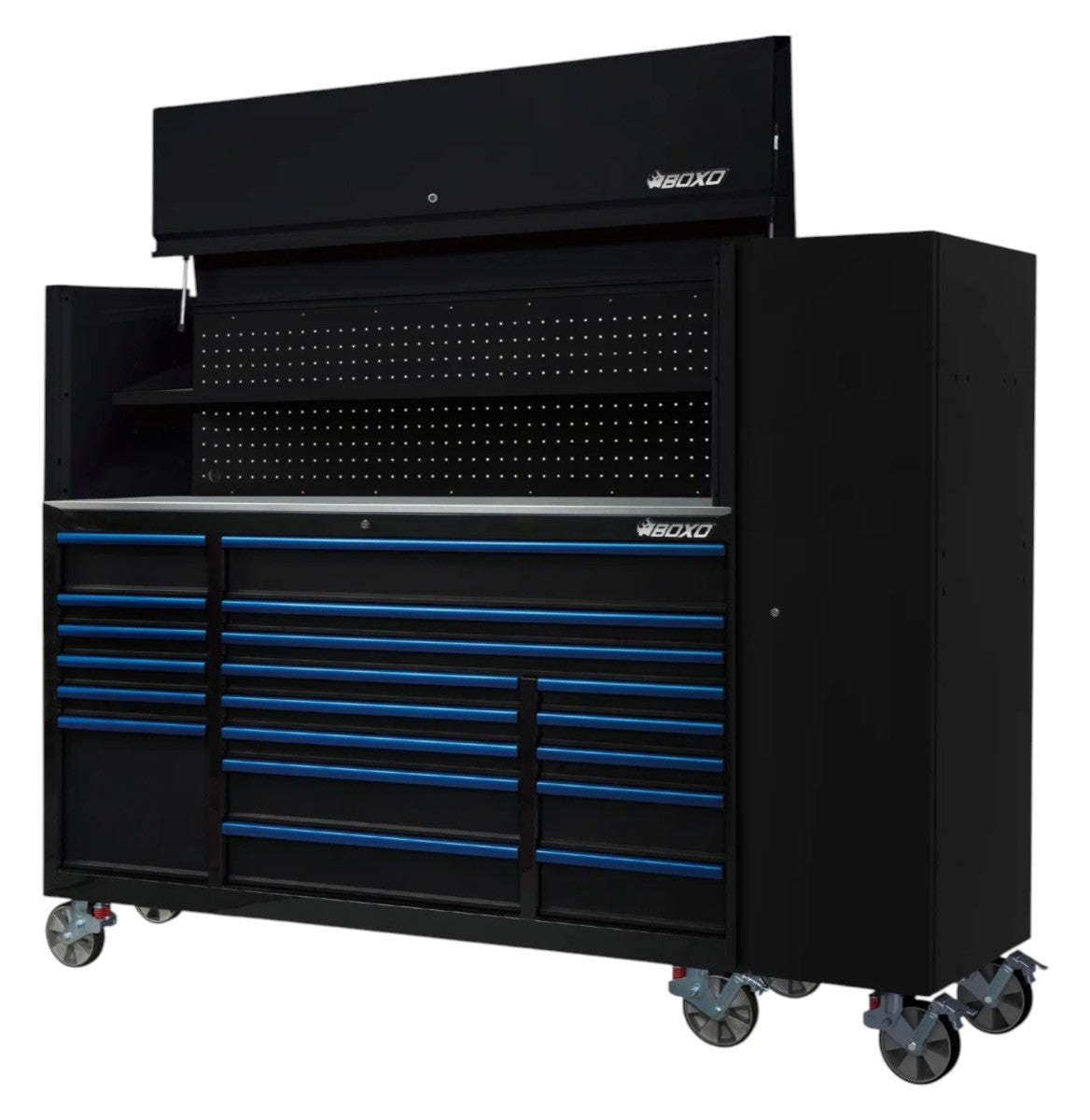 BOXO 72" Black 19-Drawer Roll Cabinet & Hutch with Side Locker (Trim colour options)