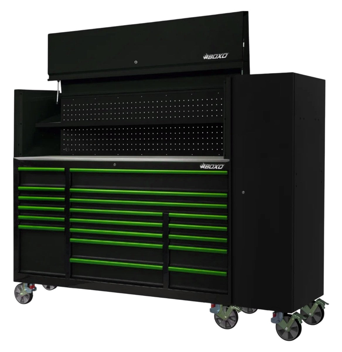 BOXO 72" Black 19-Drawer Roll Cabinet & Hutch with Side Locker (Trim colour options)