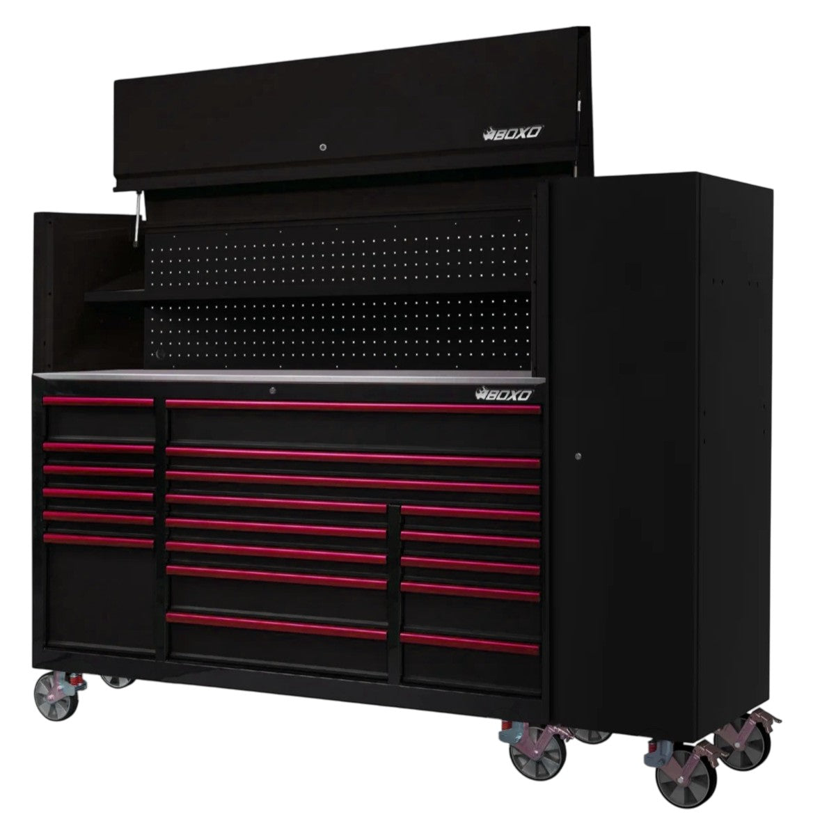 BOXO 72" Black 19-Drawer Roll Cabinet & Hutch with Side Locker (Trim colour options)