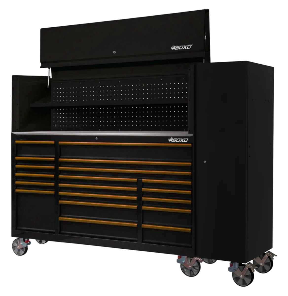 BOXO 72" Black 19-Drawer Roll Cabinet & Hutch with Side Locker (Trim colour options)