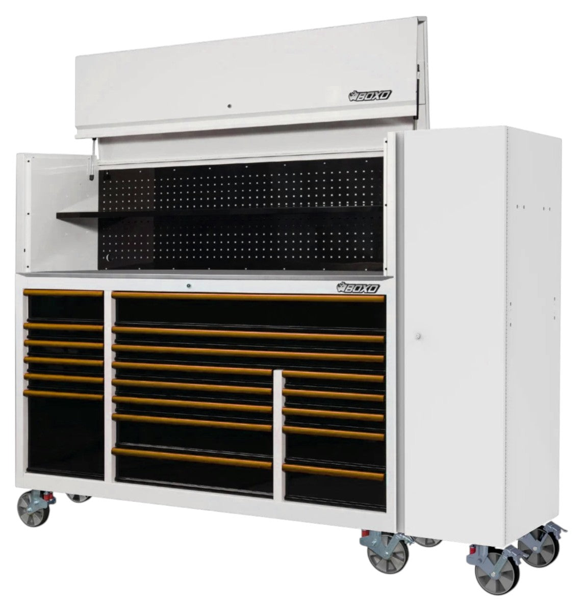 BOXO 72" White 19-Drawer Roll Cabinet & Hutch with Side Locker (Trim colour options)