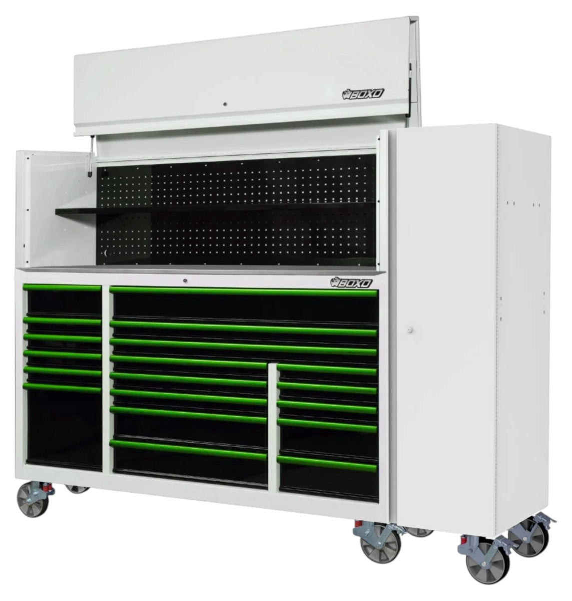 BOXO 72" White 19-Drawer Roll Cabinet & Hutch with Side Locker (Trim colour options)