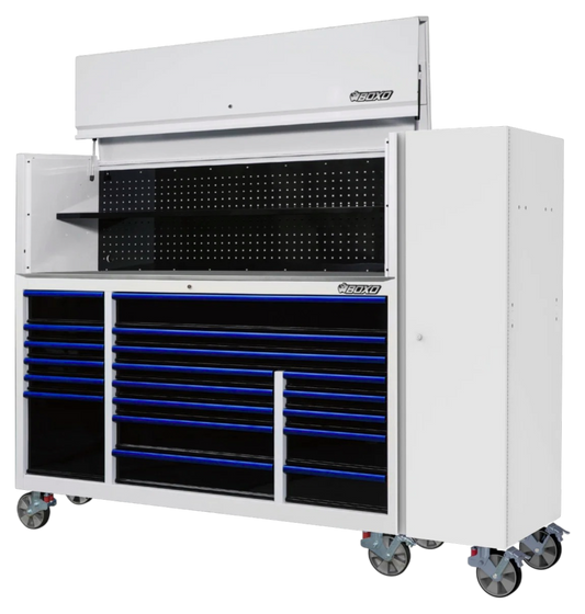 BOXO 72" White 19-Drawer Roll Cabinet & Hutch with Side Locker (Trim colour options)