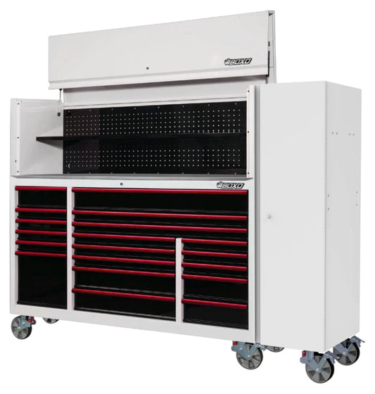 BOXO 72" White 19-Drawer Roll Cabinet & Hutch with Side Locker (Trim colour options)